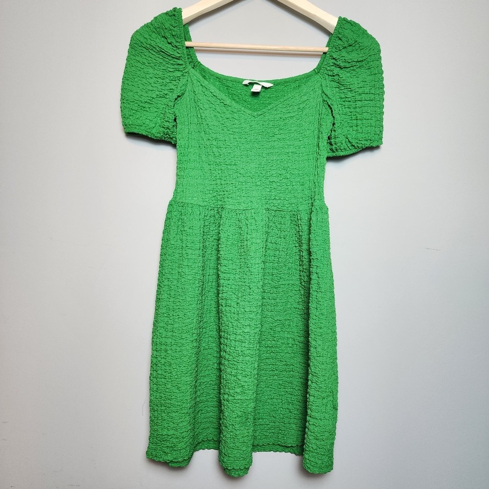 H&M Green Textured Seersucker Puff Sleeve Square Neck Mini Dress Size Small